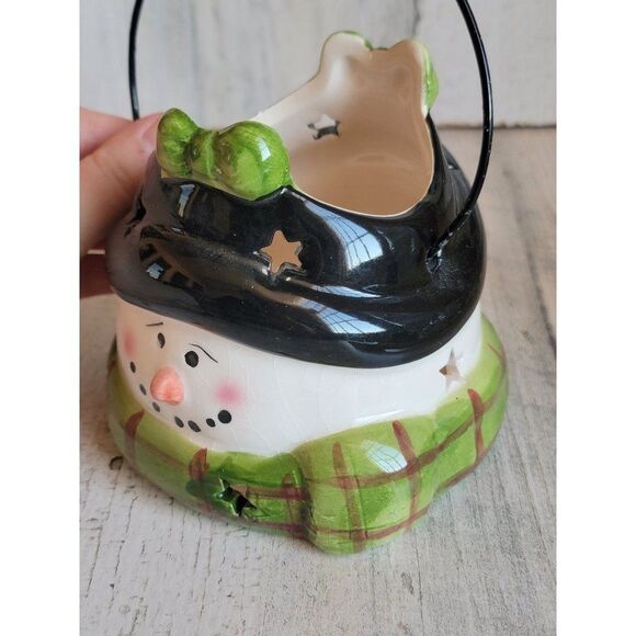 Snowman face tea light candle holder green bow star Xmas figure - Picture 8 of 11